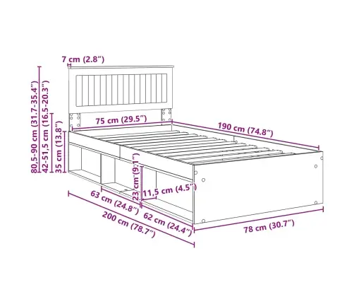 Gultas Rāmis Sonoma Ozols 75 X 190 Cm Ciets Priedes Koks Vidaxl