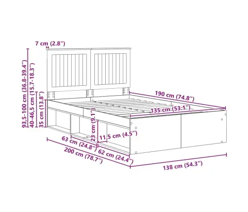 Gultas Rāmis Betona Pelēks 135 X 190 Cm Ciets Priedes Koks Vidaxl
