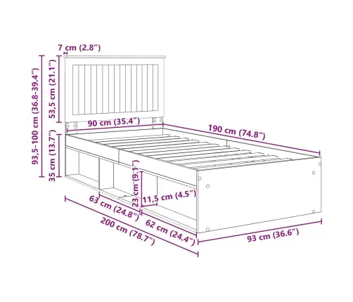 Lovos Rėmas Rudas Ąžuolas 90 X 190 Cm Kietos Pušies Mediena