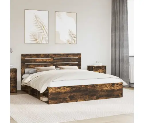 Voodi Raam Peaga Suitsetatud Tamm 200 X 200 Cm Tahke Mänd