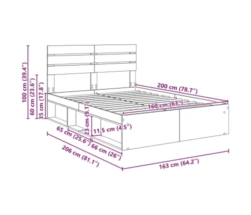 Gultas Rāmis Mākslīgā Ozola 160 X 200 Cm Ciets Priedes Koks Vidaxl