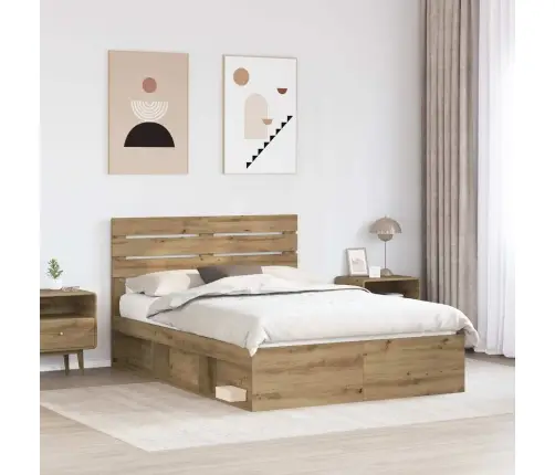 Gultas Rāmis Mākslīgā Ozola 140 X 190 Cm Ciets Priedes Koks Vidaxl