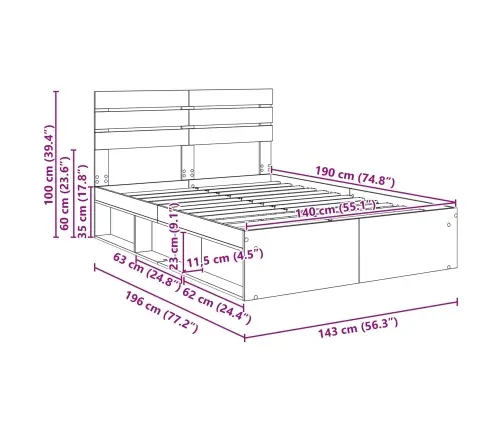 Gultas Rāmis Mākslīgā Ozola 140 X 190 Cm Ciets Priedes Koks Vidaxl