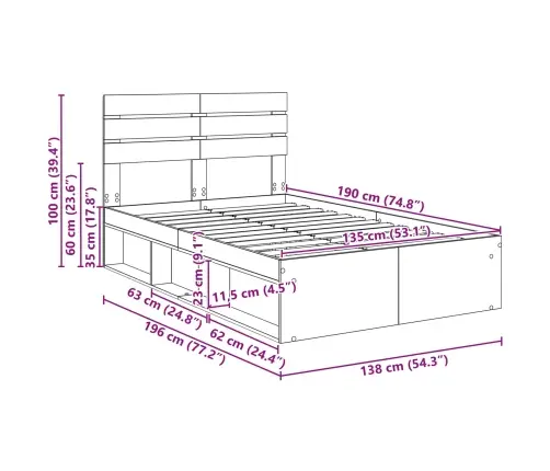 Gultas Rāmis Sonoma Ozols 135 X 190 Cm Ciets Priedes Koks Vidaxl