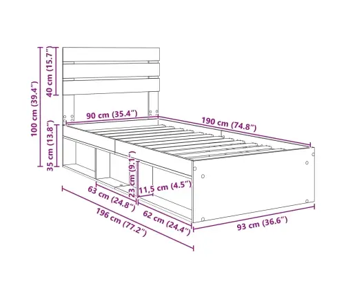 Gultas Rāmis Dūmaka Ozols 90 X 190 Cm Ciets Priedes Koks Vidaxl