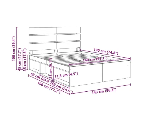 Gultas Rāmis Betons 140 X 190 Cm Ciets Priedes Koks Vidaxl