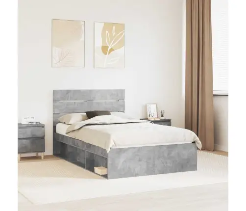 Gultas Rāmis Betona Pelēks 135 X 190 Cm Ciets Priedes Koks Vidaxl