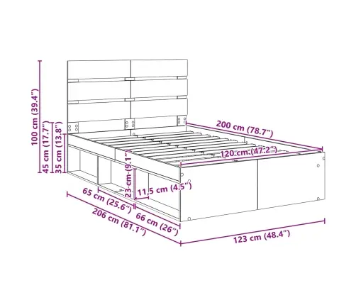 Gultas Rāmis Mākslīgā Ozola 120 X 200 Cm Ciets Priedes Koks Vidaxl