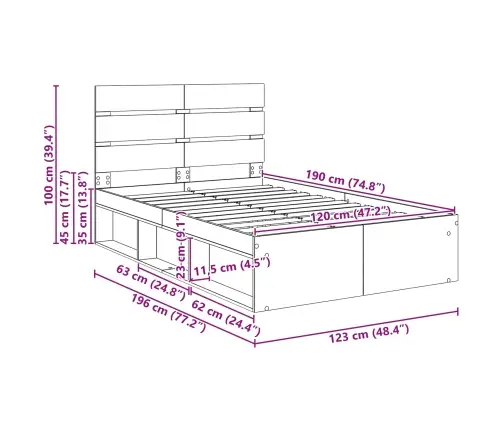 Gultas Rāmis Dūmaka Ozols 120 X 190 Cm Ciets Priedes Koks Vidaxl