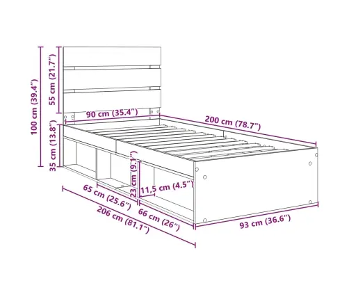 Lovos Rėmas Pilkas Sonoma 90 X 200 Cm Kietos Pušies Mediena
