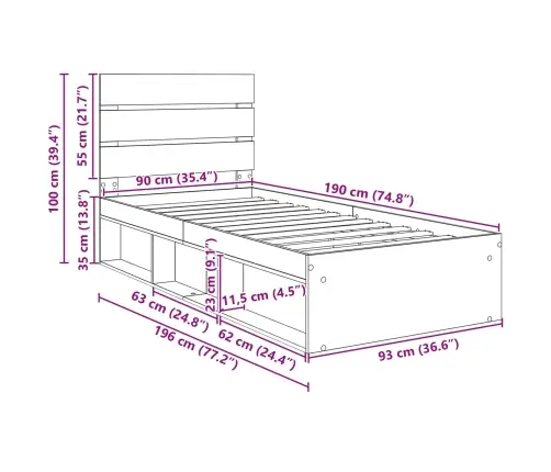 Gultas Rāmis Melna 90 X 190 Cm Ciets Priedes Koks Vidaxl