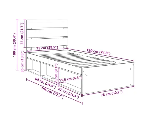 Voodi Raam Peaga Suitsetatud Tamm 75 X 190 Cm Tahke Mänd