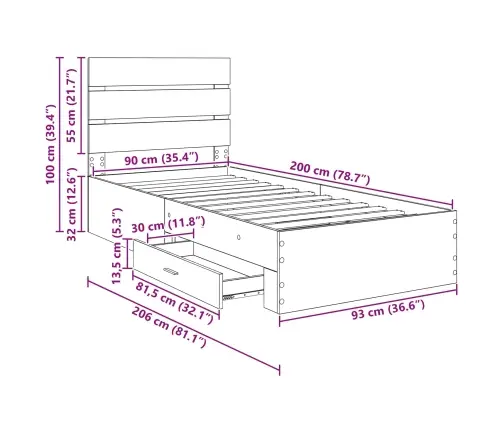 Gultas Rāmis Artisānā Ozols 90 X 200 Cm Inženierijas Koks Vidaxl