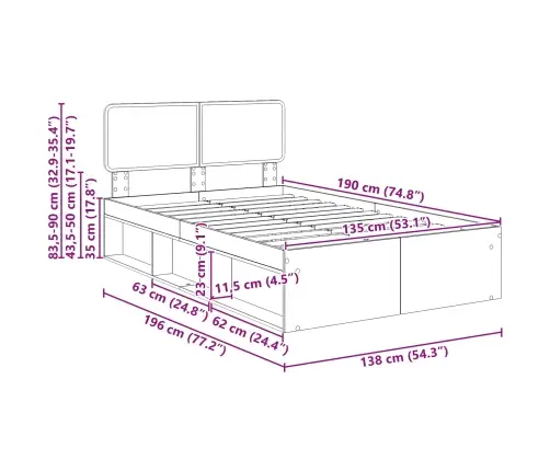 Gultas Rāmis Pelēks Sonoma 135 X 190 Cm Ciets Priedes Koks Vidaxl