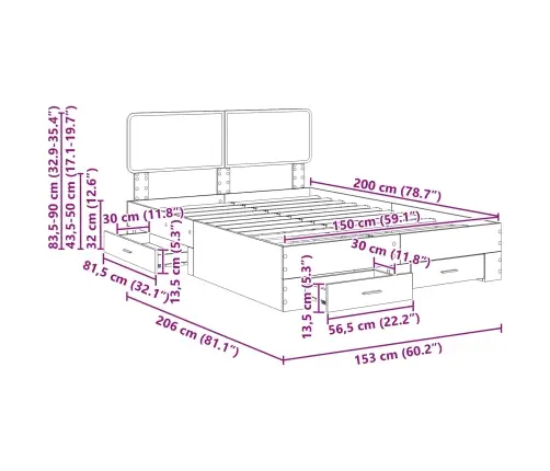 Gultas Rāmis Ar Atvilktni Balts 150 X 200 Cm Inženierijas Koks Vidaxl