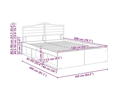Gultas Rāmis Dūmaka Ozols 160 X 200 Cm Ciets Priedes Koks Vidaxl