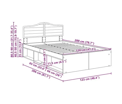 Gultas Rāmis Dūmaka Ozols 120 X 200 Cm Ciets Priedes Koks Vidaxl
