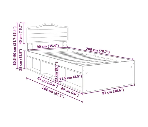 Gultas Rāmis Brūns Ozols 90 X 200 Cm Ciets Priedes Koks Vidaxl