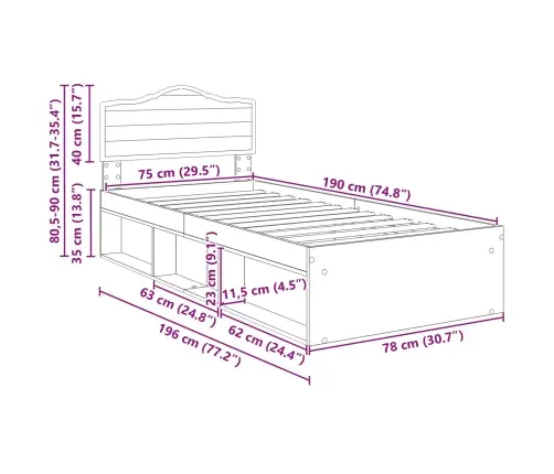 Gultas Rāmis Sonoma Ozols 75 X 190 Cm Ciets Priedes Koks Vidaxl