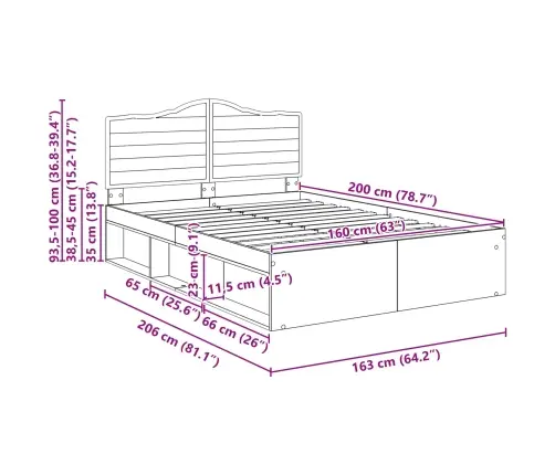 Gultas Rāmis Betons 160 X 200 Cm Ciets Priedes Koks Vidaxl