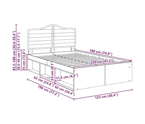 Gultas Rāmis Brūns Ozols 120 X 190 Cm Ciets Priedes Koks Vidaxl