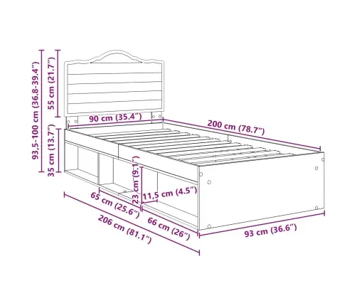 Gultas Rāmis Betons 90 X 200 Cm Ciets Priedes Koks Vidaxl