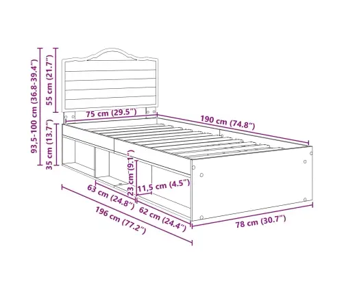 Gultas Rāmis Dūmaka Ozols 75 X 190 Cm Ciets Priedes Koks Vidaxl