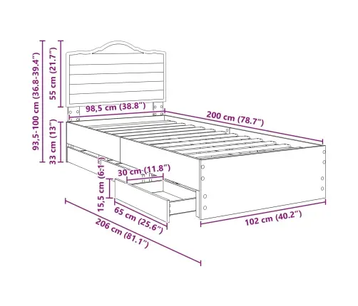 Gultas Rāmis Ar Atvilktni Melna 100 X 200 Cm Inženieru Koks Vidaxl