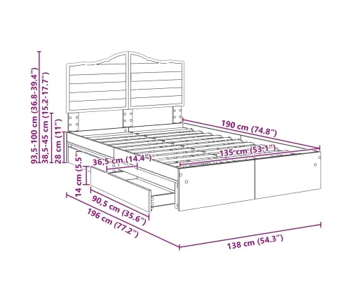 Gultas Rāmis Ar Atvilktni Melna 135 X 190 Cm Inženierijas Koks Vidaxl