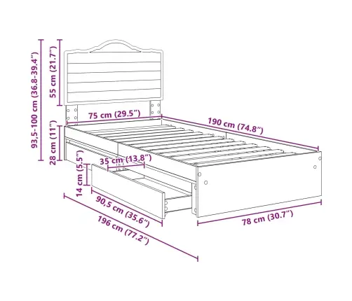 Gultas Rāmis Sonoma Ozols 75 X 190 Cm Inženierijas Koks Vidaxl