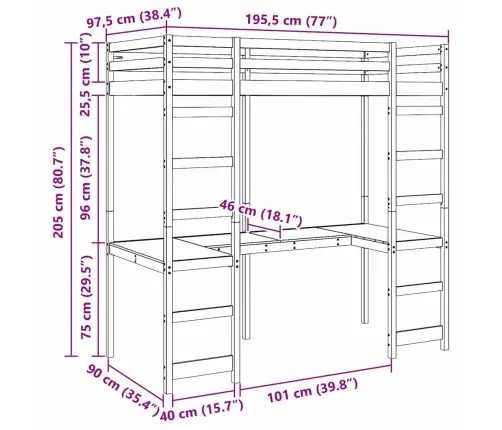 Palėpės Lovos Rėmas Balta 90 X 190 Cm Kietos Pušies Mediena