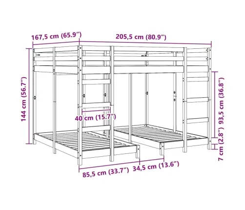 Trivietis Lovos Rėmas Balta 160 X 200 Cm Kietos Pušies Mediena
