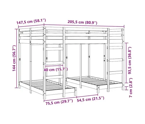 Trīsstāvu Gultas Rāmis Vaska Brūna 140 X 200 Cm Vidaxl
