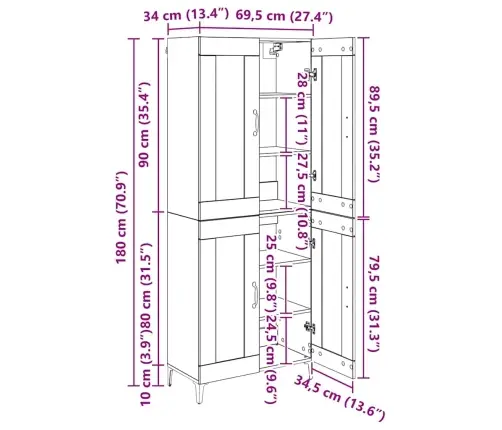 Augstais Skapītis Vecs Koks 69,5 X 34 X 180 Cm Vidaxl