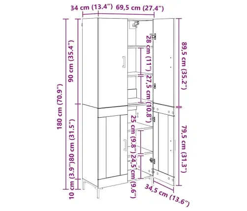 Augstais Skapītis Vecs Koks 69,5 X 34 X 180 Cm Vidaxl