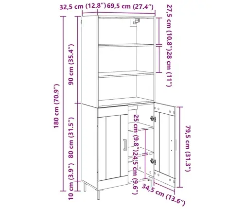 Augstais Skapītis Vecs Koks 69,5 X 32,5 X 180 Cm Vidaxl
