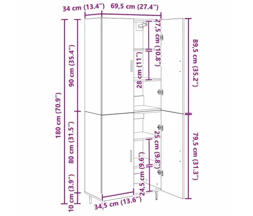 Aukštas Spintelė Senovinis Medis 69,5 X 34 X 180 Cm