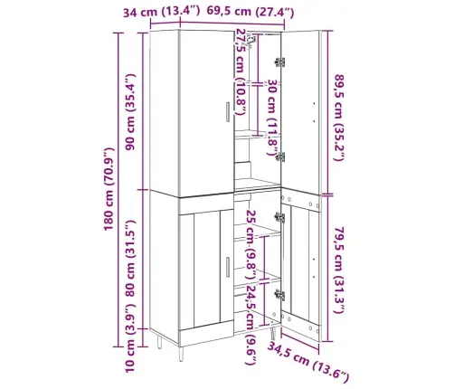 Aukštas Spintelė Senovinis Medis 69,5 X 34 X 180 Cm