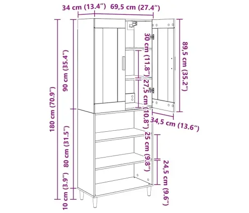 Augstais Skapītis Vecs Koks 69,5 X 34 X 180 Cm Vidaxl