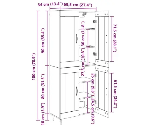 Augstais Skapītis 2 Pcs Vecs Koks 69,5 X 34 X 180 Cm Vidaxl