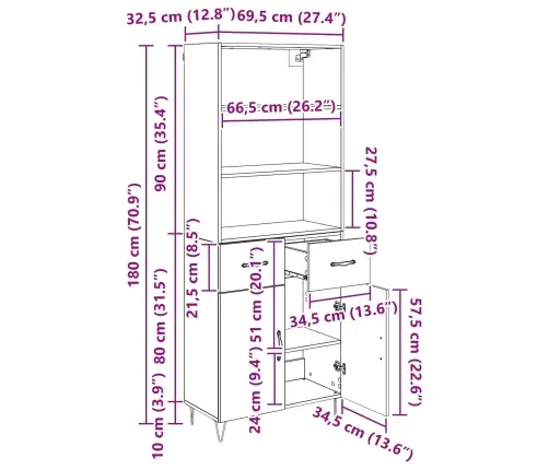 Augstais Skapītis Ar Atvilktni Vecs Koks 69,5 X 32,5 X 180 Cm Vidaxl