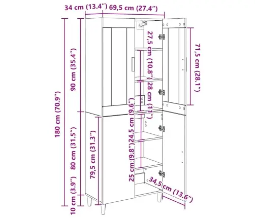 Aukštas Spintelė Senovinis Medis 69,5 X 34 X 180 Cm