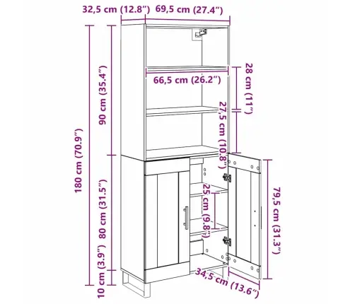 Augstais Skapītis Vecs Koks 69,5 X 34 X 180 Cm Vidaxl