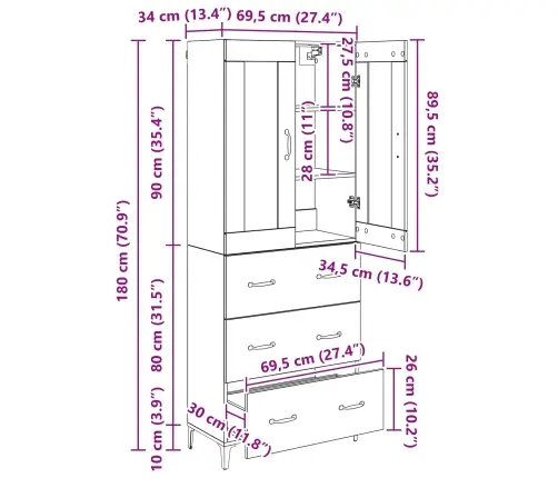 Augstais Skapītis Ar Atvilktni Vecs Koks 69,5 X 34 X 180 Cm Vidaxl