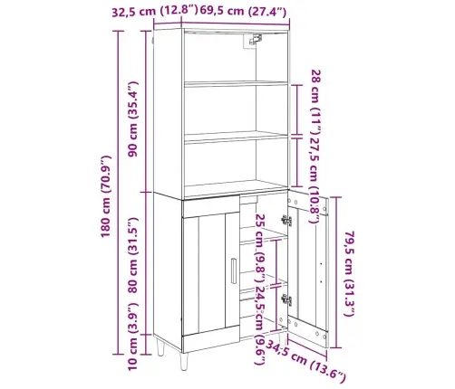 Augstais Skapītis Vecs Koks 69,5 X 32,5 X 180 Cm Vidaxl