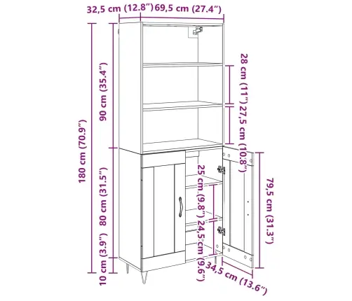 Augstais Skapītis Vecs Koks 69,5 X 34 X 180 Cm Vidaxl