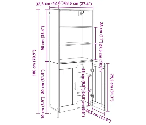 Augstais Skapītis Vecs Koks 69,5 X 32,5 X 180 Cm Vidaxl