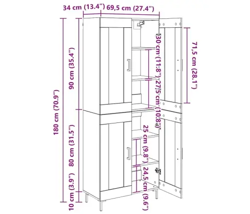 Augstais Skapītis 2 Pcs Artisānā Ozols 69,5 X 34 X 180 Cm Vidaxl