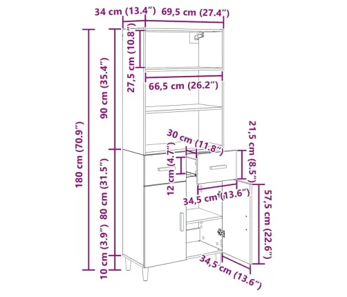 Augstais Skapītis Artisānā Ozols 69,5 X 32,5 X 180 Cm Vidaxl