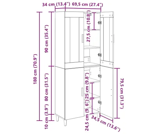 Augstais Skapītis Artisānā Ozols 69,5 X 34 X 180 Cm Vidaxl